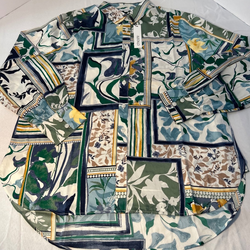 Chicos Size 2 Faux Silk‎ Twill Shirt Lily Patch LS Fashion Top Ivy League NWT